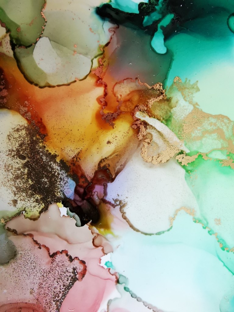 Contemporary artwork from Maximo Simon Walther. Ink in green, rose and copper on paper. international exhibitions