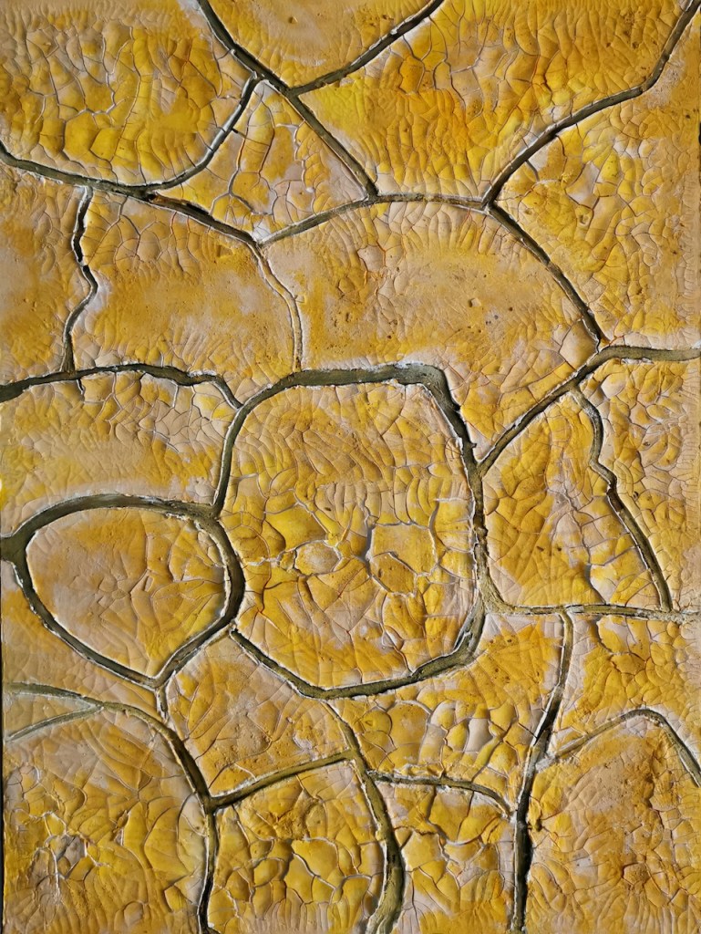 Contemporary artwork from Maximo Simon Walther. Exhibited in Hong Museum in China. It show one of 5 elements. Desert. A yellow cracked up desert parted in bigger plates surrounded by black lines. 