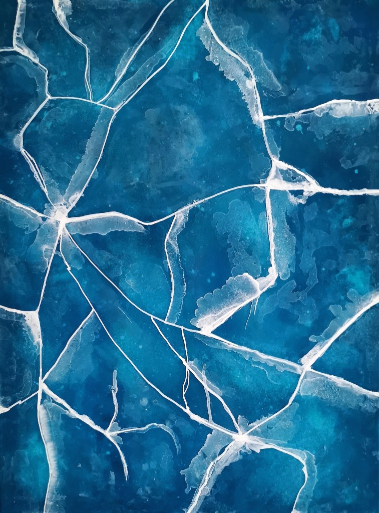 Contemporary artwork from Maximo Simon Walther. Exhibited in Hong Museum in China. It show one of 5 elements. Ice. Dark cold blue ice with white cracks looks like a lake platter who cracks up in winter.