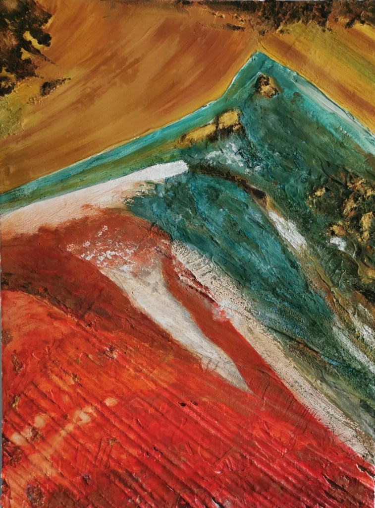 Contemporary artwork from Maximo Simon Walther. Exhibited in Hong Museum in China. It show one of 5 elements. Oxidized earth. red, orange, blue, brown green parted artwork symbolizes volcano earth.