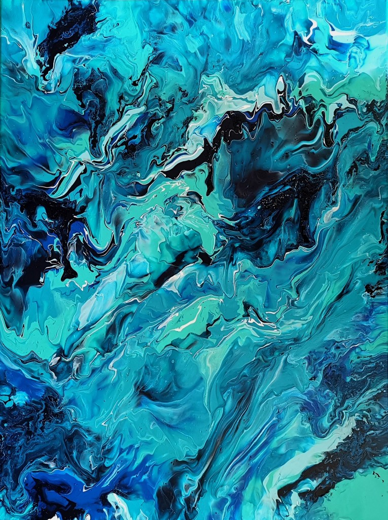 Contemporary artwork from Maximo Simon Walther. Exhibited in Hong Museum in China. It show one of 5 elements. Water. Fluid Acrylic on Canvas showing wildly waves.