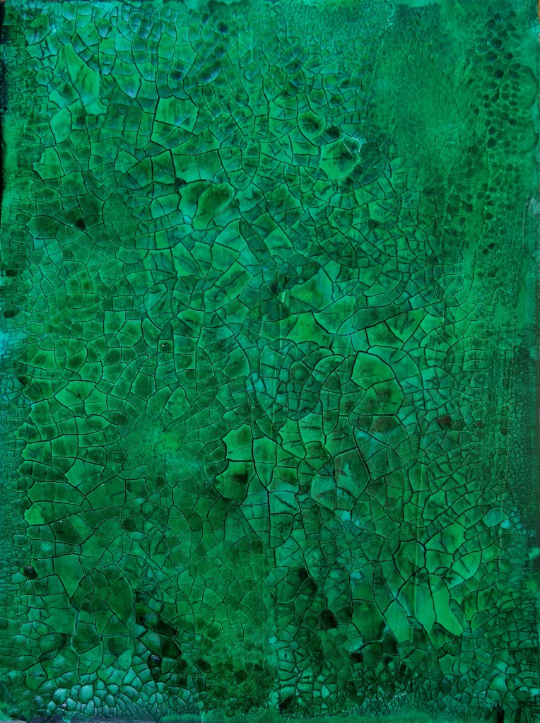 Contemporary art. abstract and expressiv. Minimal and clear artwork. cracked up canvas in reptile green color. cracks are very small and looks like a pattern from a crocodile or chamaleon. beautiful emerald tones. Maximo Simon Walther 