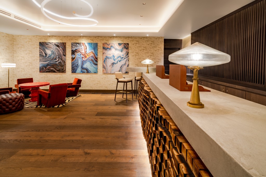check in area from luxury hotel five zürich, Switzerland. 3 artworks from Maximo Simon Walther on 120 x 140 cm. worldwide feedbacks from collectors