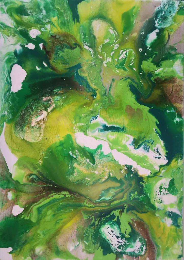 acrylic abstract artwork from Maximo Simon Walther. beautiful green fluid acrylic colors. Name of the artwork: flower shapes.