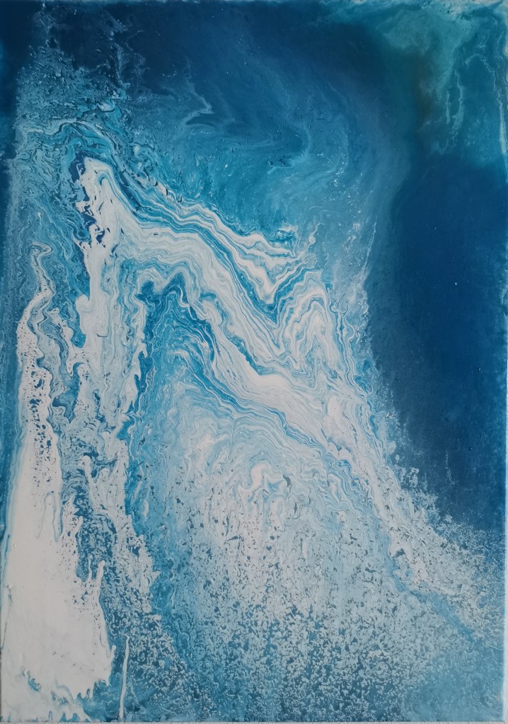 acrylic abstract artwork from Maximo Simon Walther. beautiful blue fluid acrylic colors. Name of the artwork: iceberg. the colors are bright, cool and refers to an atoll, an iceberg or wintertime.
