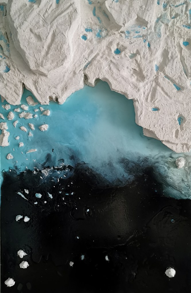 Contemporary artwork named as important ice. 60 x 90 centimeters framed artwork. On the end a dark black ocean, in the middle a bright blue ocean. on top a big iceberg with crater lakes. Maximo Simon Walther.