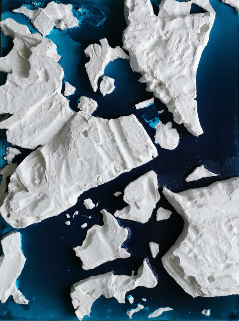 Contemporary artwork named as important ice. 60 x 80 centimeters framed artwork. One solitude round iceberg with dozen of smaller icebergs around it. Maximo Simon Walther.