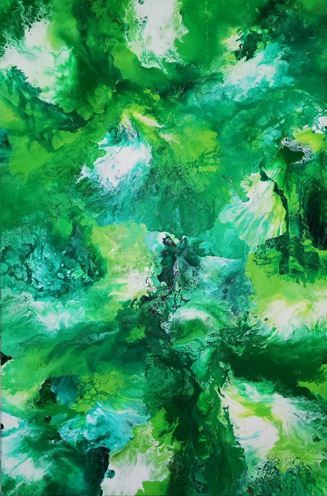acrylic abstract artwork from Maximo Simon Walther. beautiful green fluid acrylic colors. Name of the artwork: meadow. You see white points and flushes dark and bright green colors who refers to an abstract meadow.