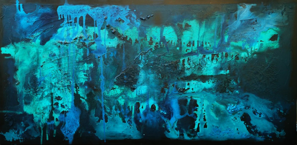 Artwork on canvas with black frame. beautiful deep ocean art. one-of-a-kind artwork about ocean and oceanground. blue and turquoise artwork.