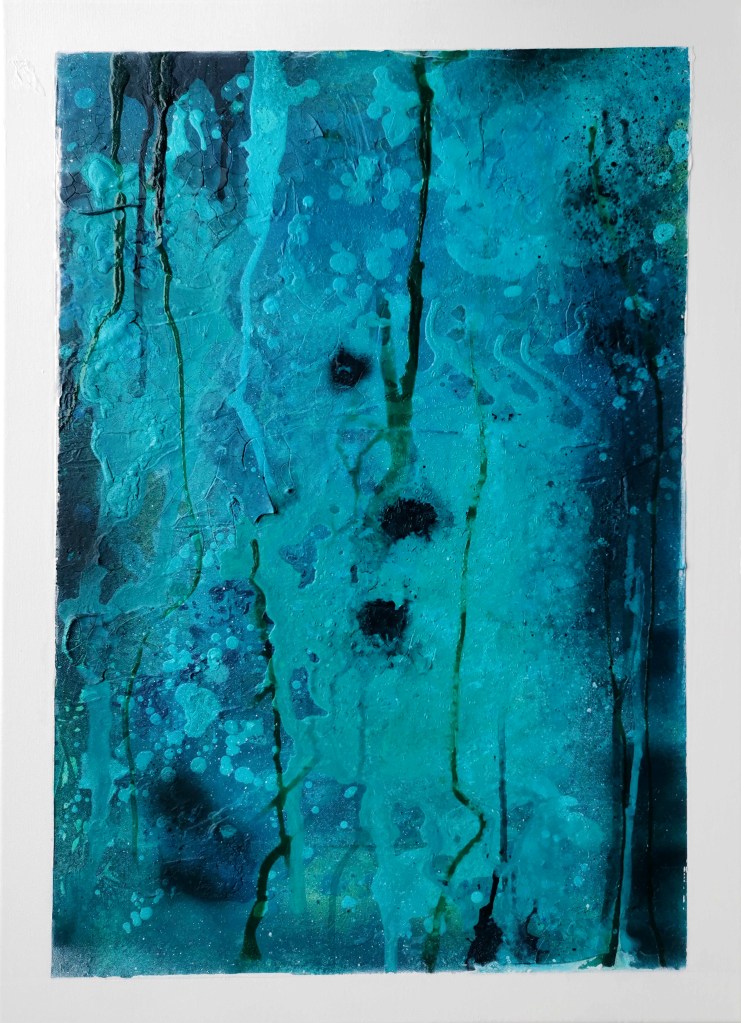 Artwork on canvas with white frame. beautiful ocean art. one-of-a-kind artwork. about ocean and oceanground. blue and turquoise bright artwork.