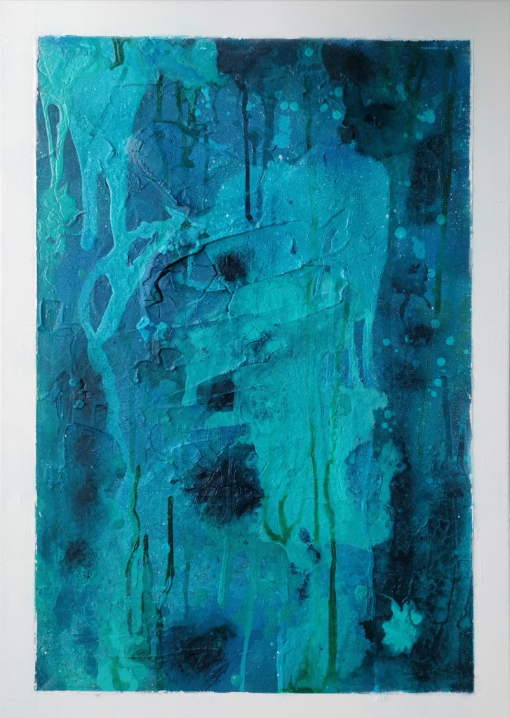 Artwork on canvas with white frame. beautiful ocean art. one-of-a-kind artwork. about ocean and oceanground. blue and turquoise bright artwork.