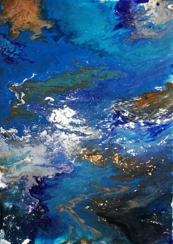 acrylic abstract artwork from Maximo Simon Walther. beautiful blue fluid acrylic colors. Name of the artwork: the earth. beautiful artwork who looks like the art with water and land in a abstract way from above with one white clustered cloud on the left side.