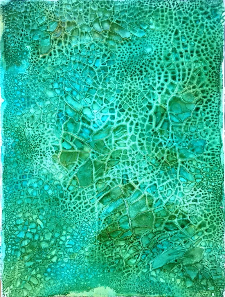 Contemporary art. abstract and expressiv. Minimal and clear artwork. cracked up canvas in reptile green color. cracks are very small and looks like a pattern from a crocodile or chamaleon. beautiful green tones. Maximo Simon Walther 