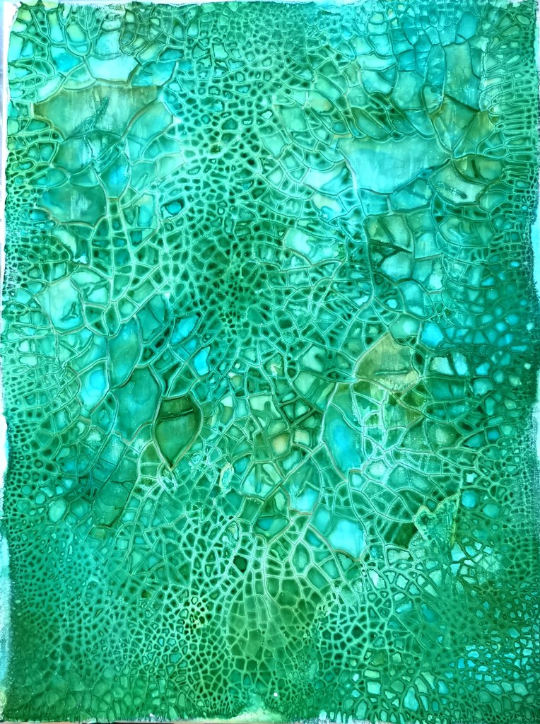 Contemporary art. abstract and expressiv. Minimal and clear artwork. cracked up canvas in reptile green color. cracks are very small and looks like a pattern from a crocodile or chamaleon. beautiful green tones. Maximo Simon Walther 