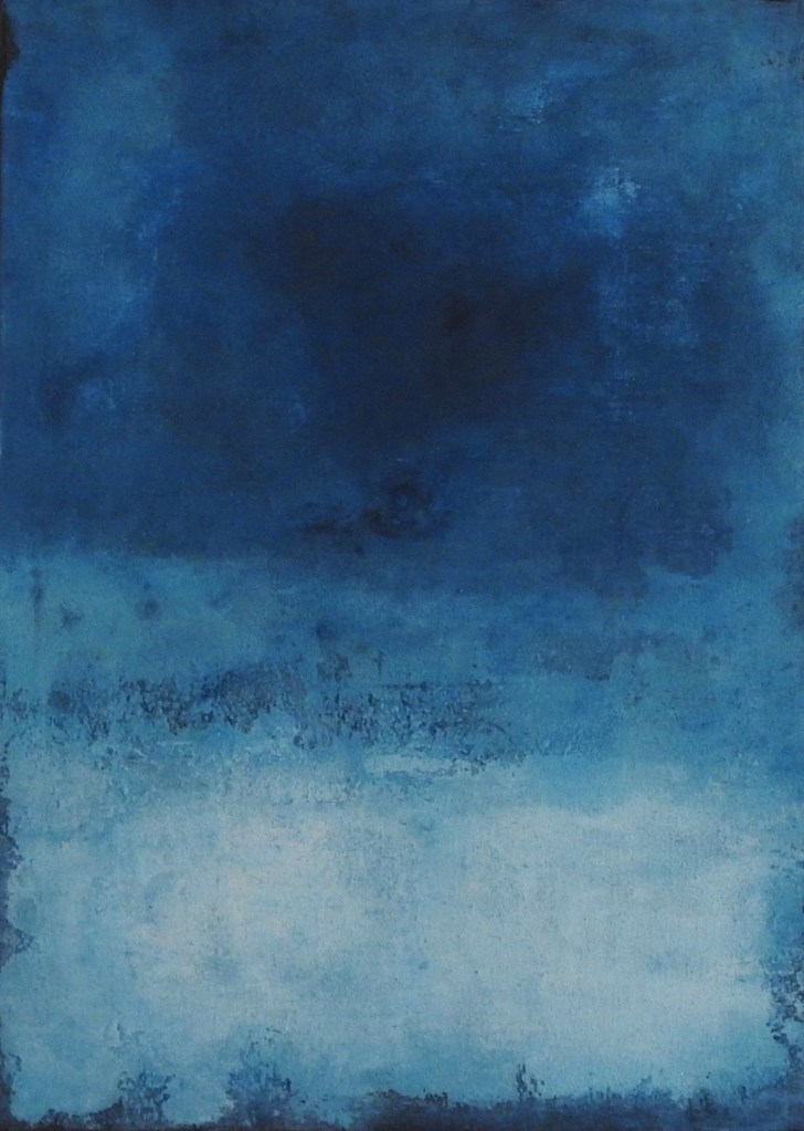 acrylic abstract artwork from Maximo Simon Walther. beautiful blue fluid acrylic colors. Name of the artwork: Scandinavian vibes. the above part is blue who have in the middle a darker point. the part down refers to bright colors.