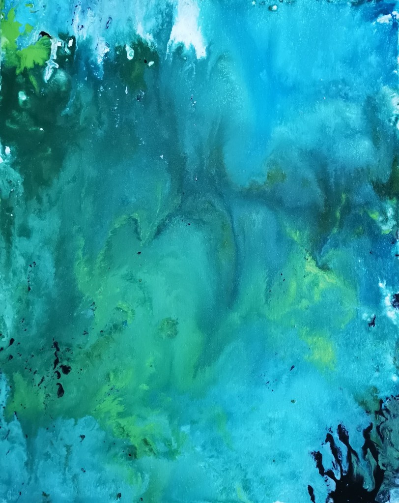 Contemporary artwork with fluid acrylic are showing sea, ocean and seagrass in abstract and expressive way. Colored in blue and green shapes with parts of black. Strong fluid artwork from Maximo Simon Walther.