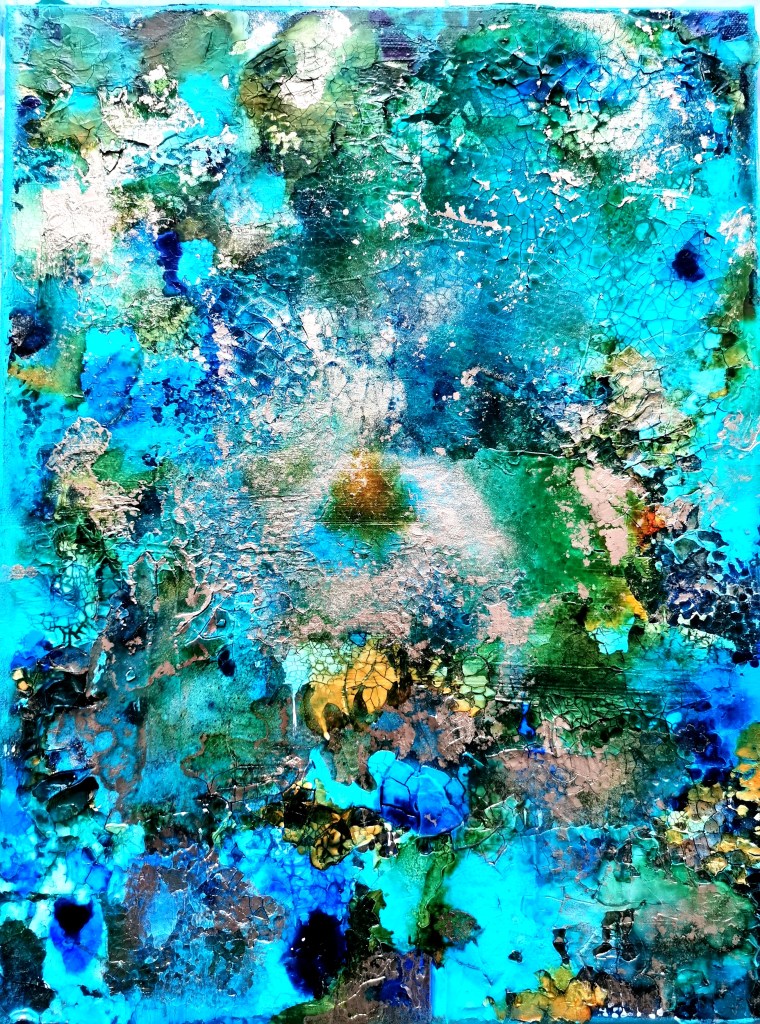 Contemporary art. abstract and expressiv. Minimal and clear artwork. cracked up canvas in sea-color with parts of shiny copper. Greenish parts. it looks like a pond from above. Maximo Simon Walther 