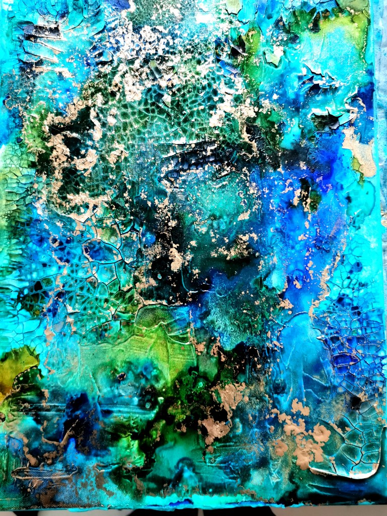 Contemporary art. abstract and expressiv. Minimal and clear artwork. cracked up canvas in sea-color with parts of shiny copper. Greenish parts. it looks like a pond from above. Maximo Simon Walther 