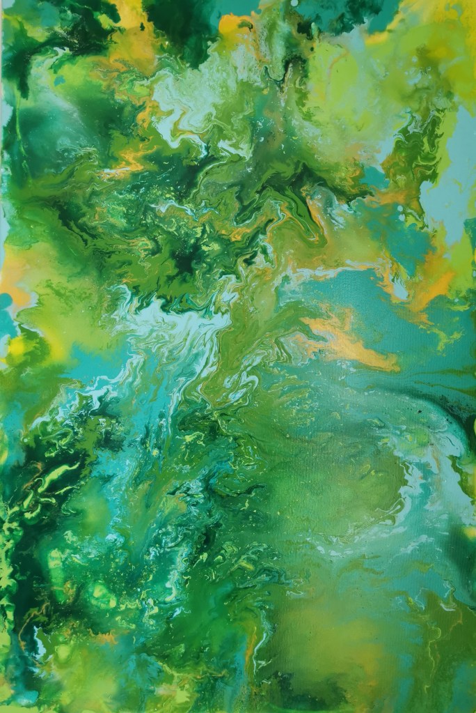 acrylic abstract artwork from Maximo Simon Walther. beautiful green fluid acrylic colors. Name of the artwork: spring garden. colors in turquoise, bright green, emerald green, gold and yellow.