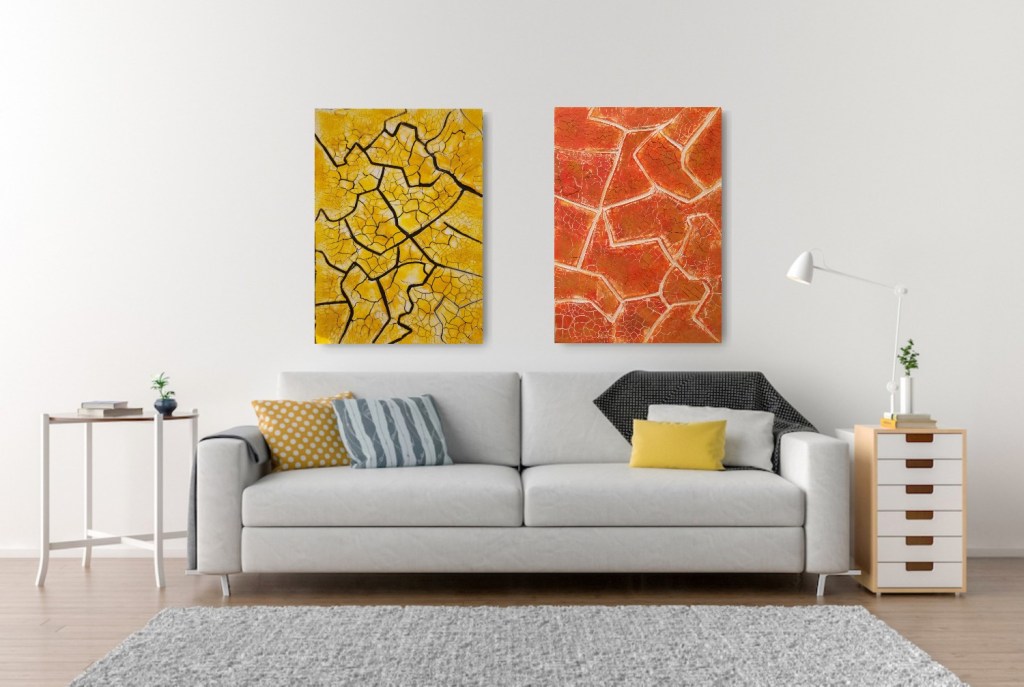 2 contemporary artworks in ocre, yellow, red, orange. looks like the atacama desert. Design by Maximo Simon Walther. worldwide feedbacks from collectors