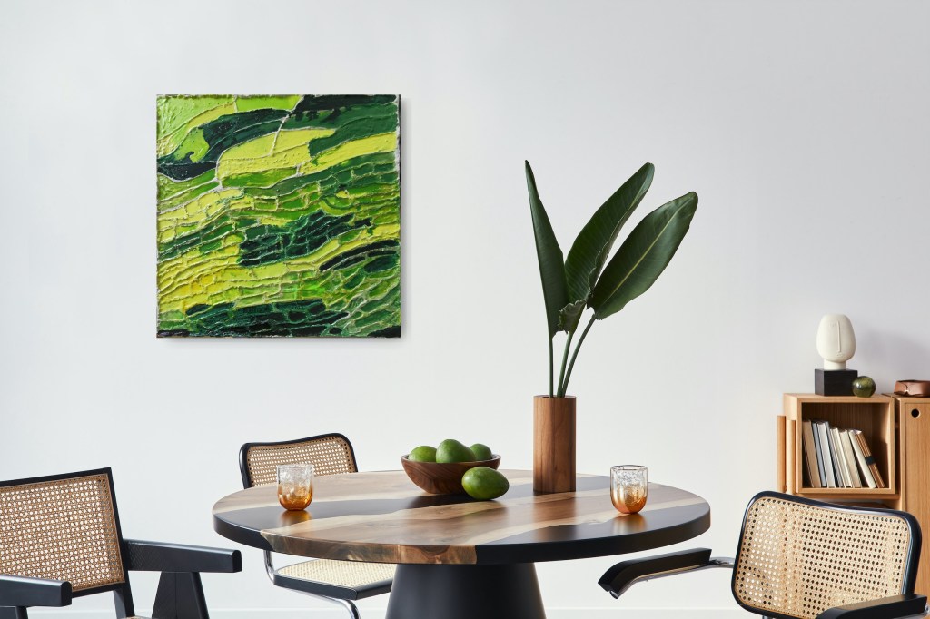 abstract art of green rice fields from contemporary ARTIST Maximo Simon Walther.