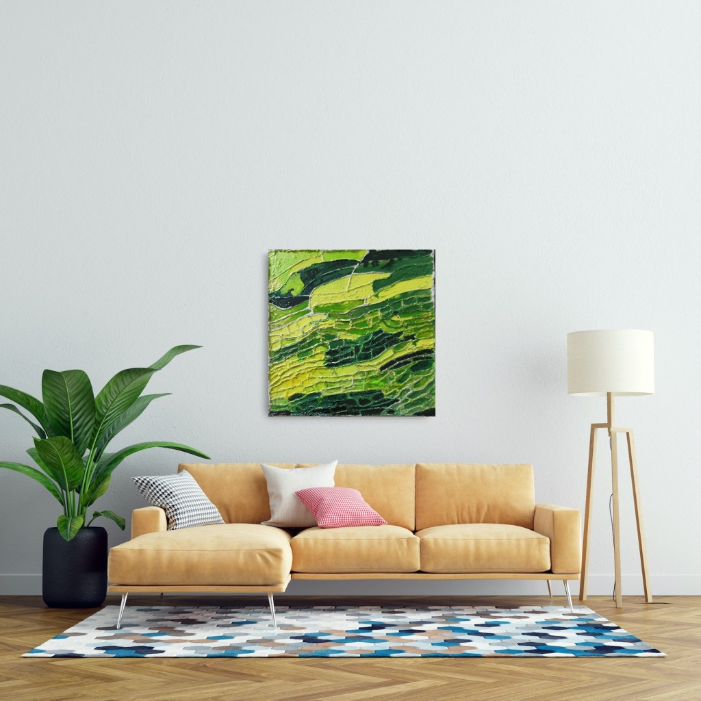 abstract art of green rice fields from contemporary ARTIST Maximo Simon Walther.